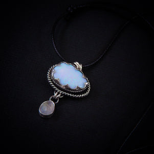 Australian Opal Cloud & Moonstone Snow Pendant - Sterling Silver - Winter Necklace