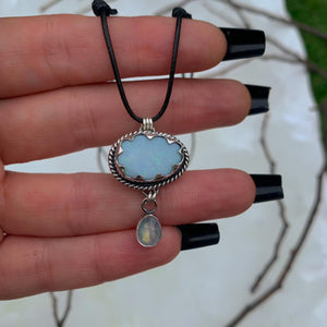 Australian Opal Cloud & Moonstone Snow Pendant - Sterling Silver - Winter Necklace