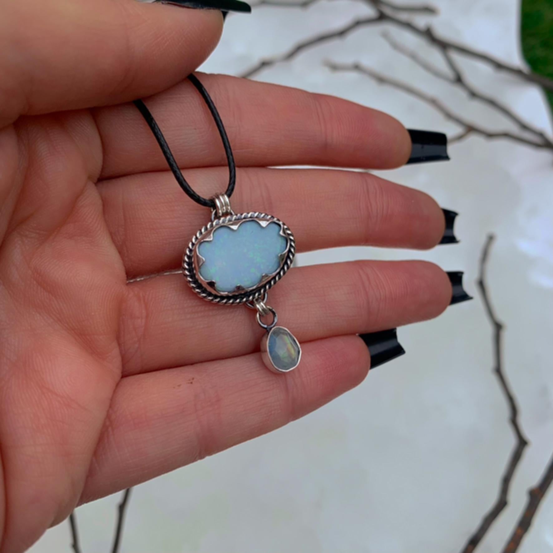 Australian Opal Cloud & Moonstone Snow Pendant - Sterling Silver - Winter Necklace