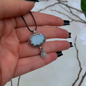 Australian Opal Cloud & Moonstone Snow Pendant - Sterling Silver - Winter Necklace