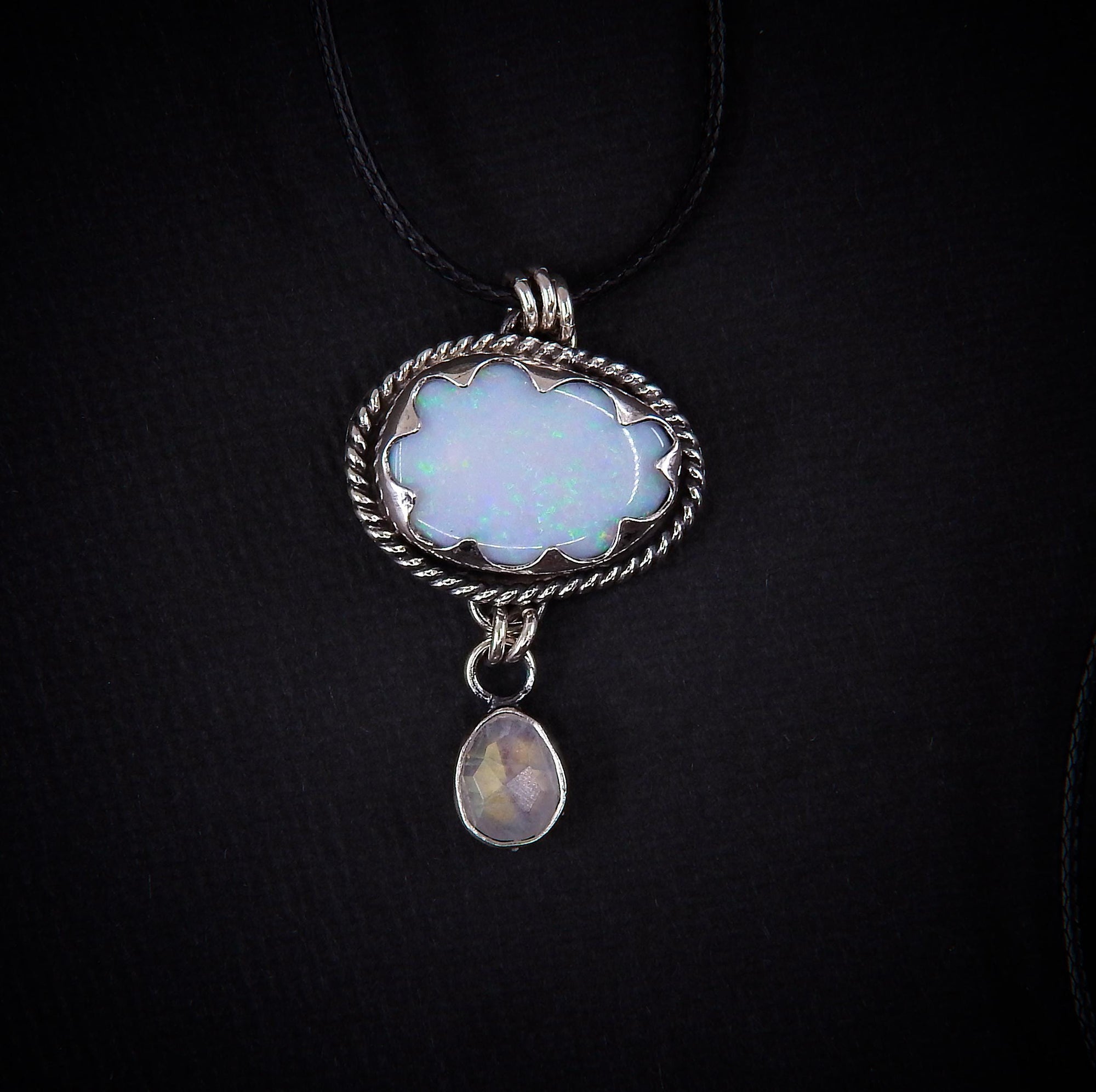 Australian Opal Cloud & Moonstone Snow Pendant - Sterling Silver - Winter Necklace