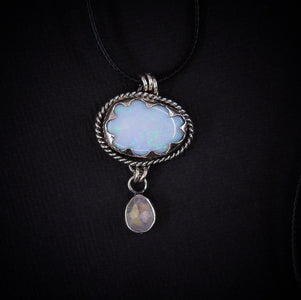 Australian Opal Cloud & Moonstone Snow Pendant - Sterling Silver - Winter Necklace
