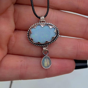 Australian Opal Cloud & Moonstone Snow Pendant - Sterling Silver - Winter Necklace
