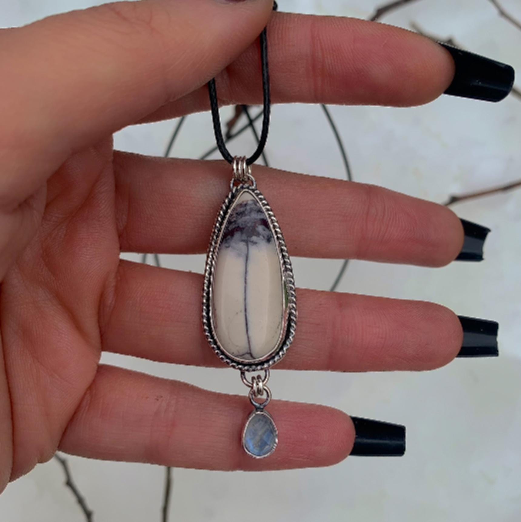 Porcelain Jasper & Moonstone Pendant - Sterling Silver - Winter Necklace