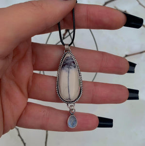 Porcelain Jasper & Moonstone Pendant - Sterling Silver - Winter Necklace