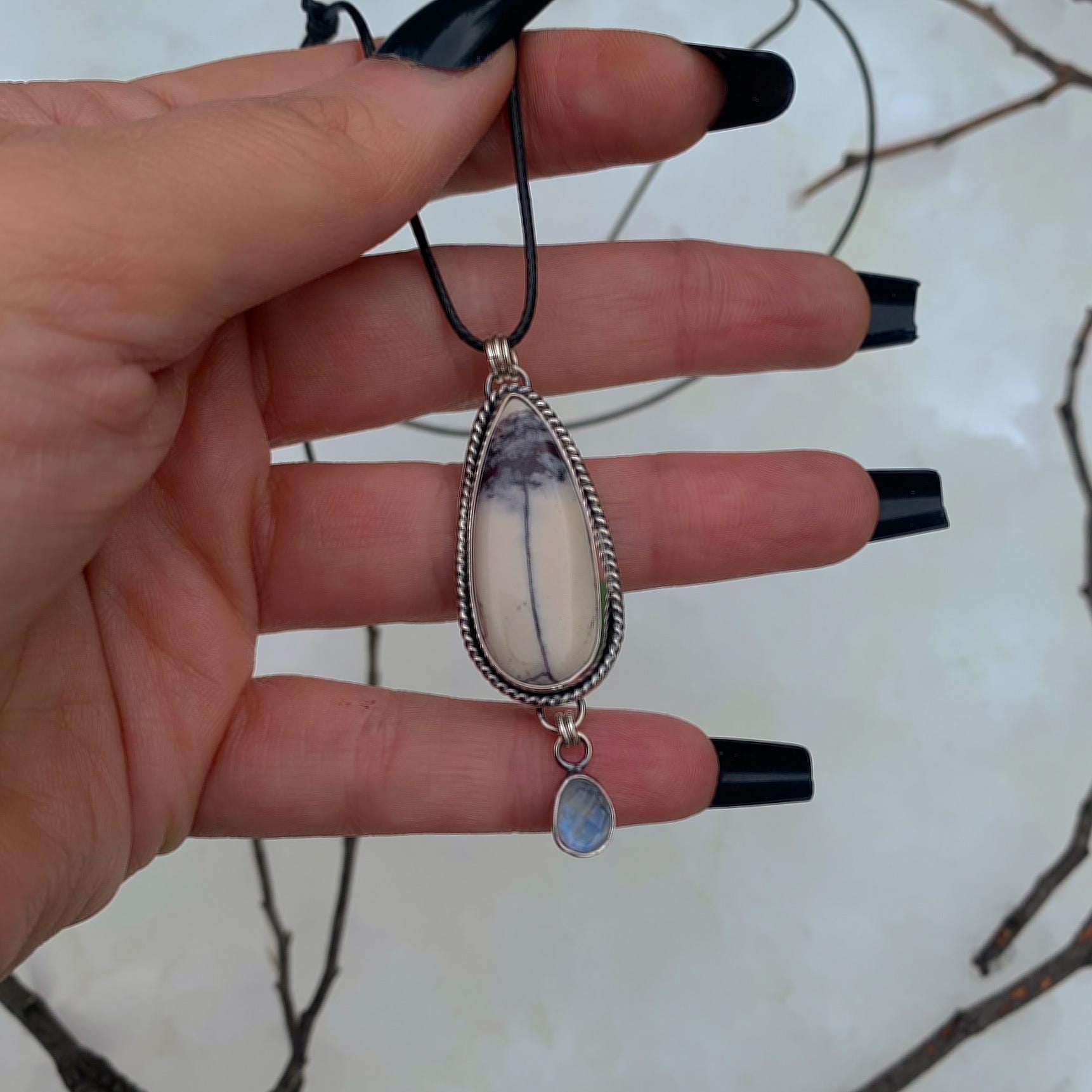 Porcelain Jasper & Moonstone Pendant - Sterling Silver - Winter Necklace