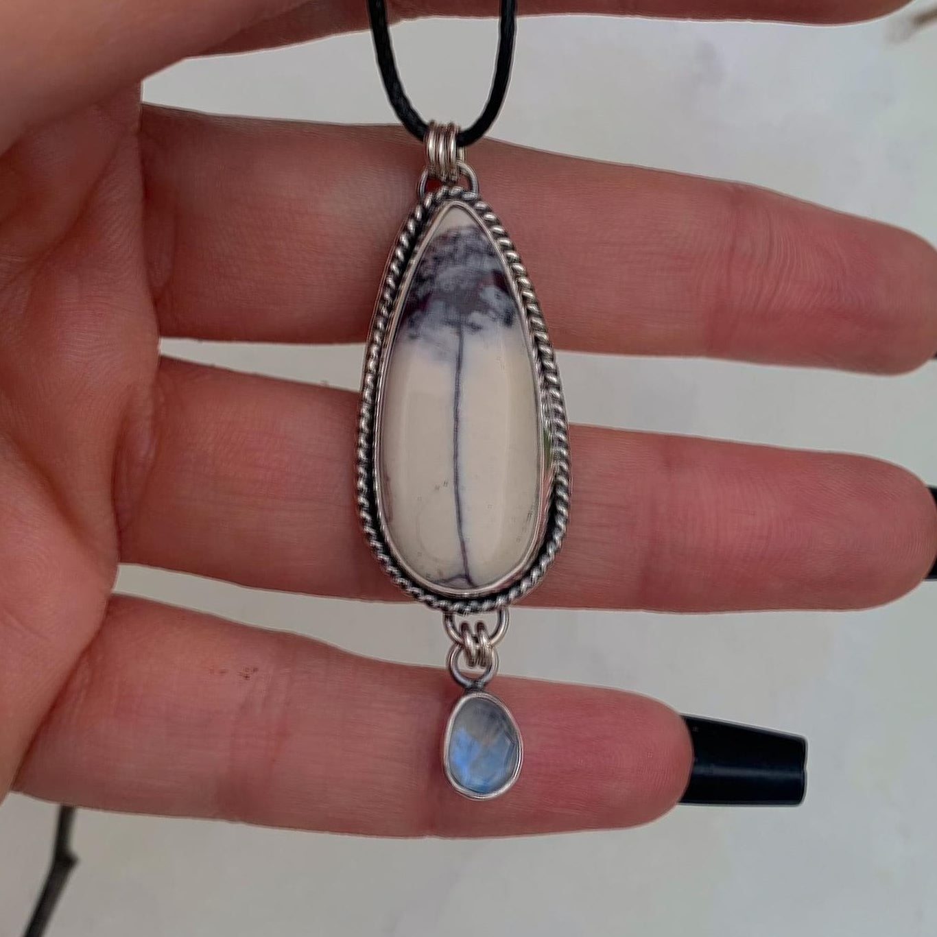 Porcelain Jasper & Moonstone Pendant - Sterling Silver - Winter Necklace