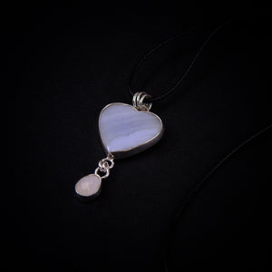 Blue Lace Agate Heart & Moonstone Pendant - Sterling Silver - Winter Necklace