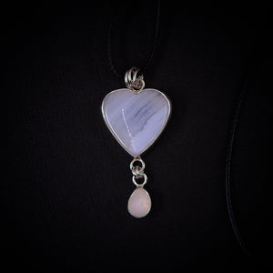 Blue Lace Agate Heart & Moonstone Pendant - Sterling Silver - Winter Necklace