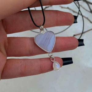 Blue Lace Agate Heart & Moonstone Pendant - Sterling Silver - Winter Necklace