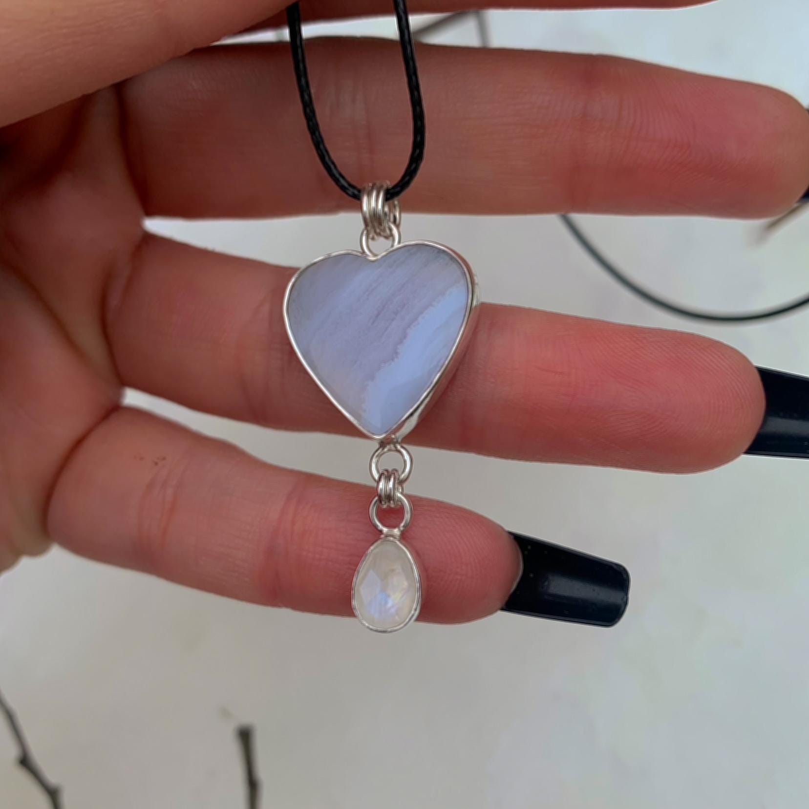 Blue Lace Agate Heart & Moonstone Pendant - Sterling Silver - Winter Necklace