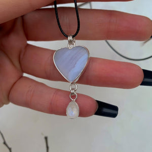 Blue Lace Agate Heart & Moonstone Pendant - Sterling Silver - Winter Necklace