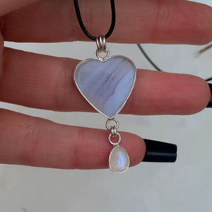 Blue Lace Agate Heart & Moonstone Pendant - Sterling Silver - Winter Necklace