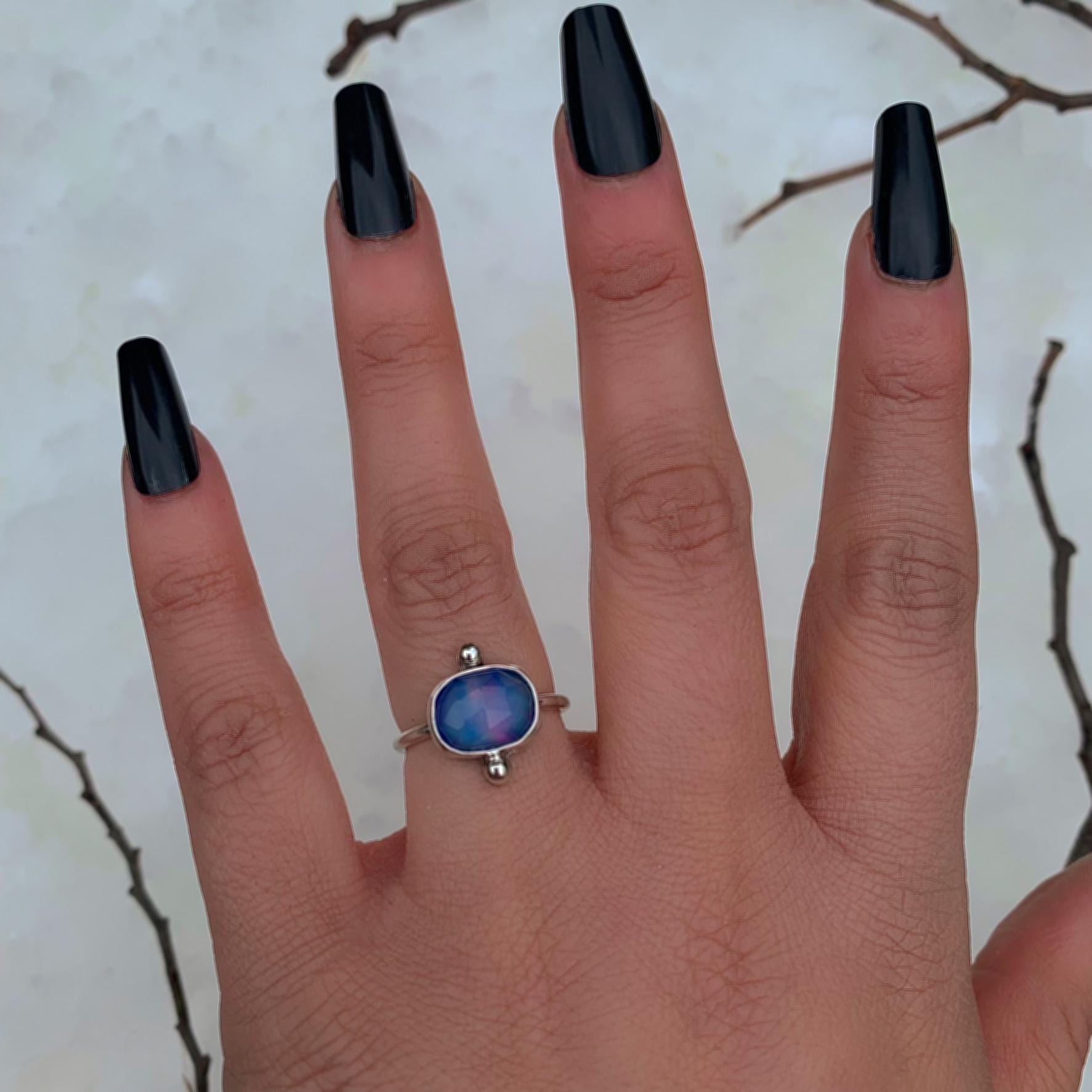 Rose Cut Clear Quartz & Aurora Opal Ring - Size 6 to 6 1/4 - Sterling Silver
