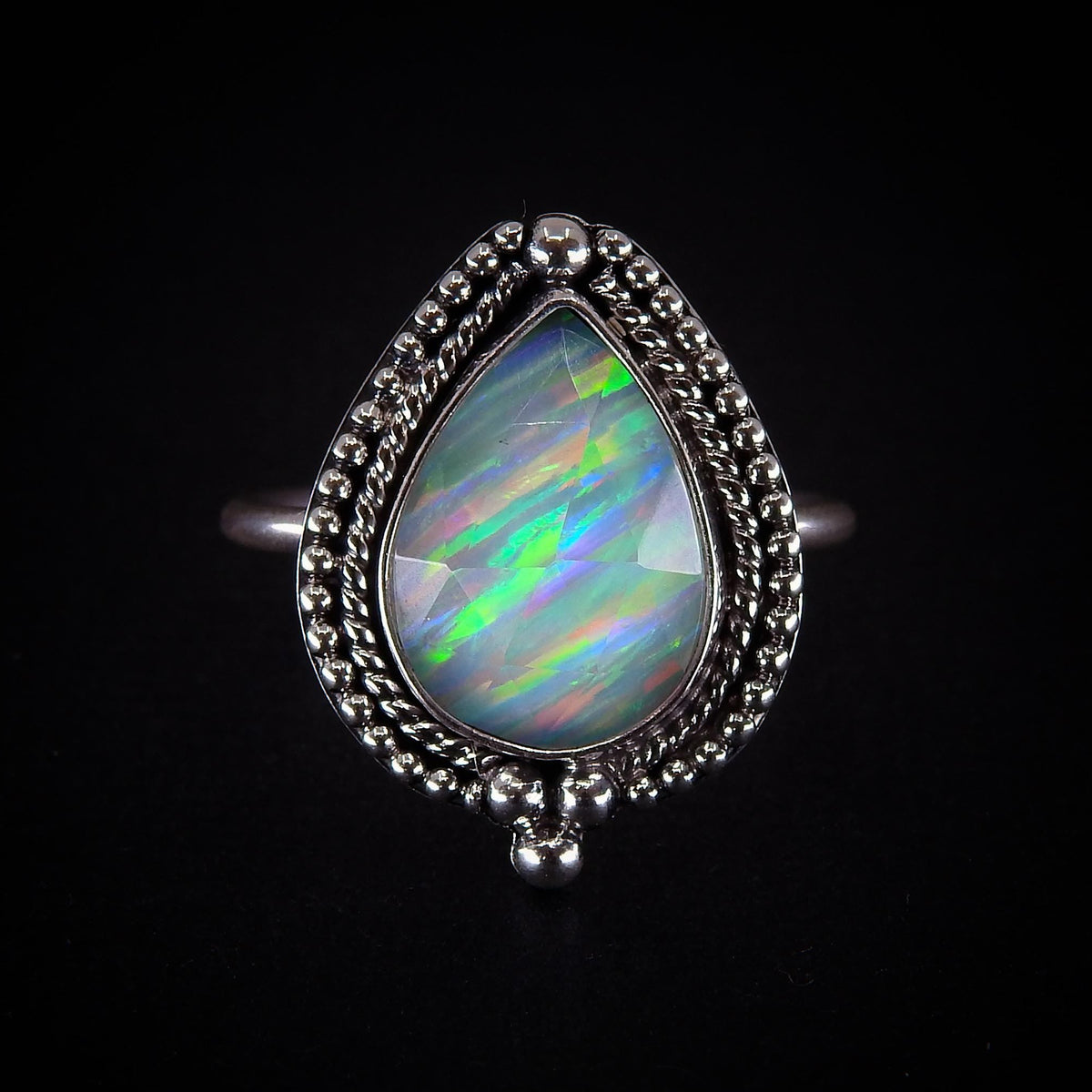 Rose Cut Clear Quartz & Aurora Opal Ring - Size 8 1/4 - Sterling Silver