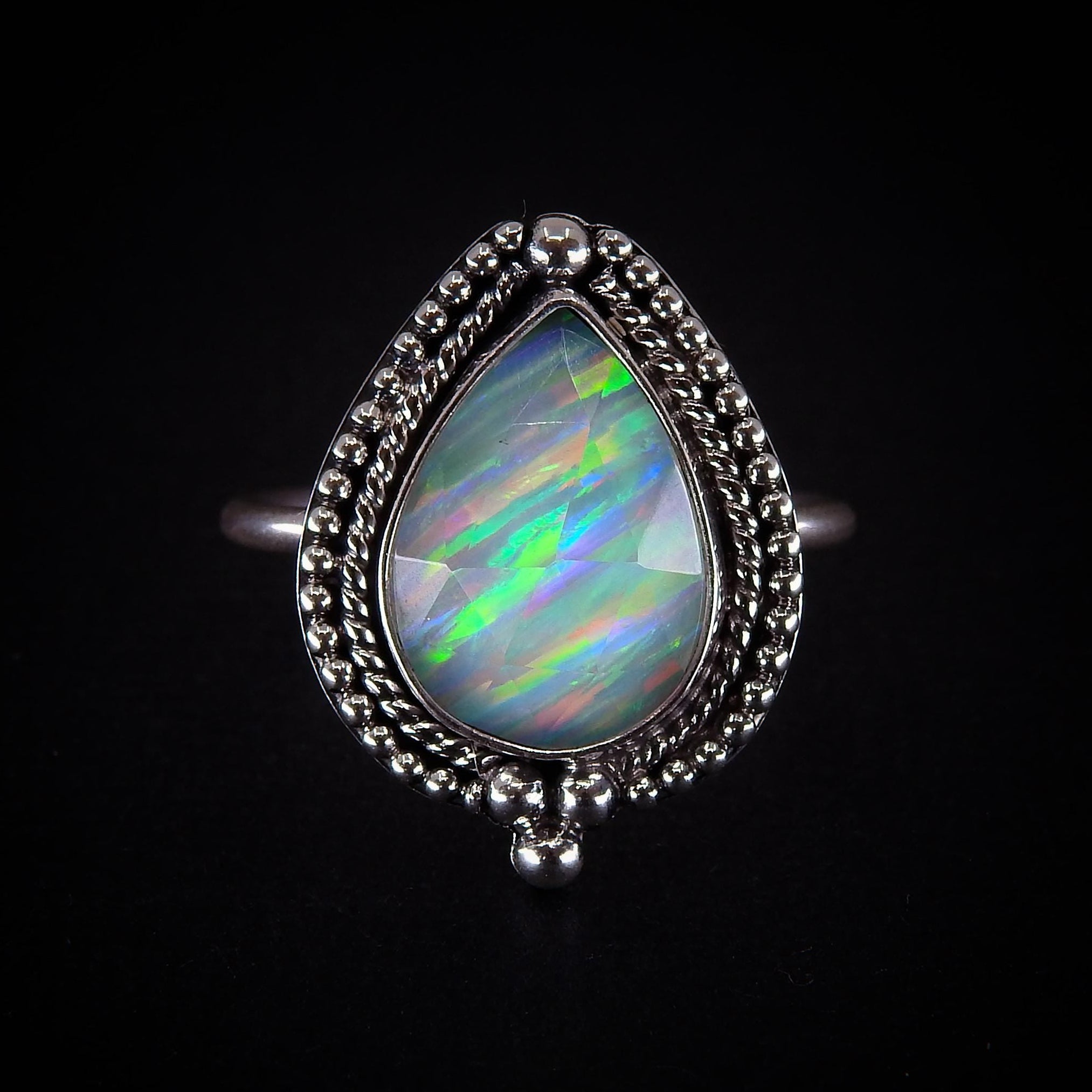Rose Cut Clear Quartz & Aurora Opal Ring - Size 8 1/4 - Sterling Silver
