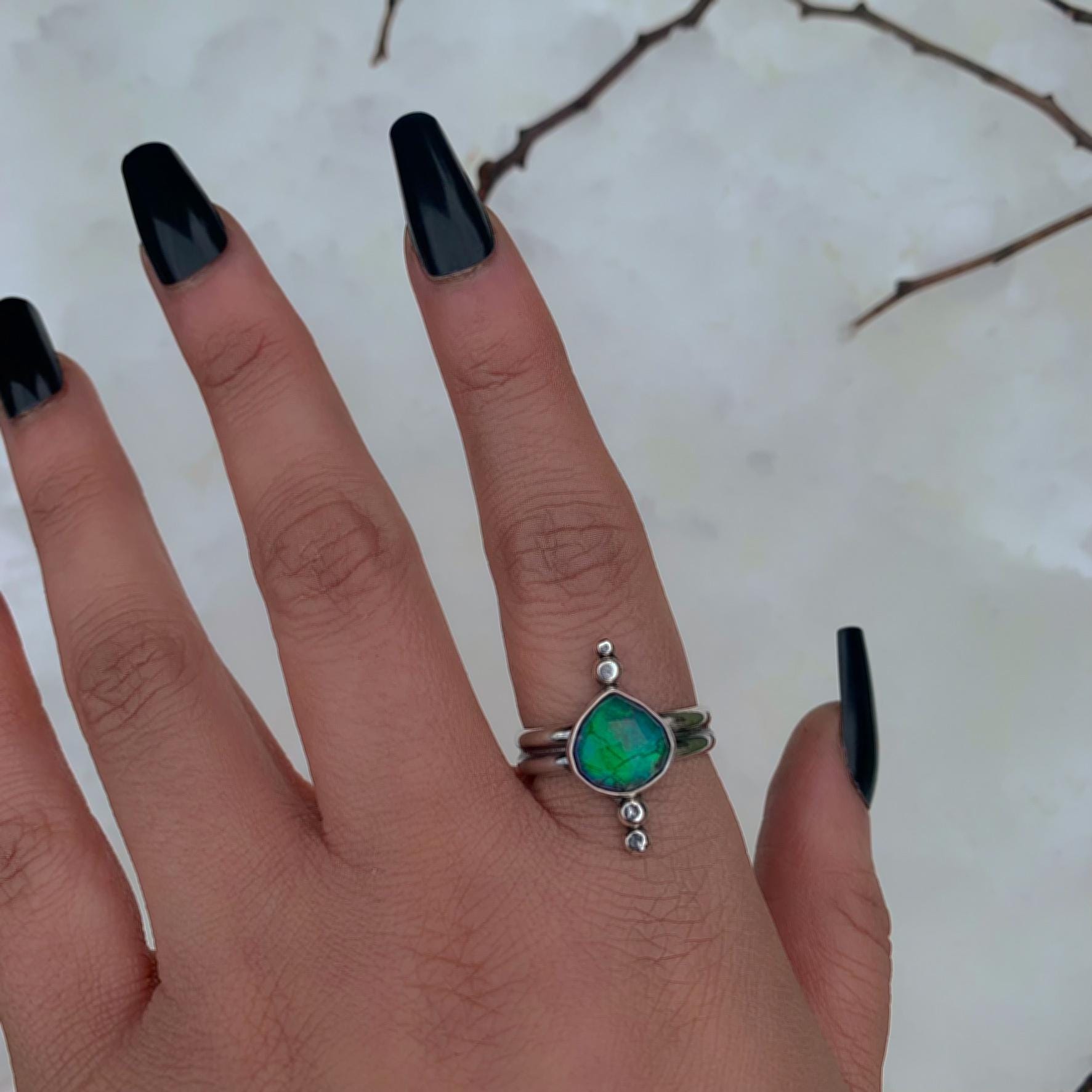 Rose Cut Quartz & Monarch Opal Ring - Size 10 1/4 - Sterling Silver