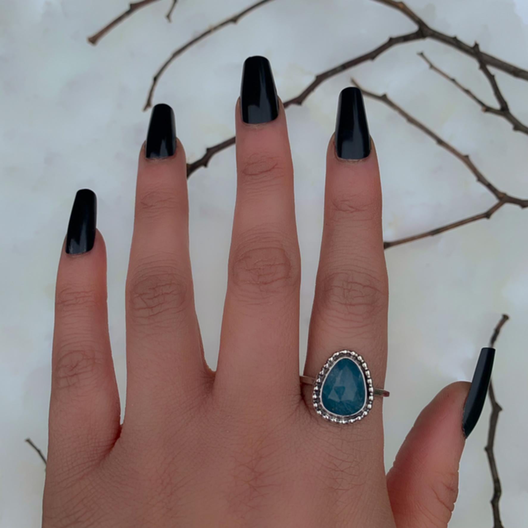 Rose Cut Aquamarine Ring - Size 12 - Sterling Silver
