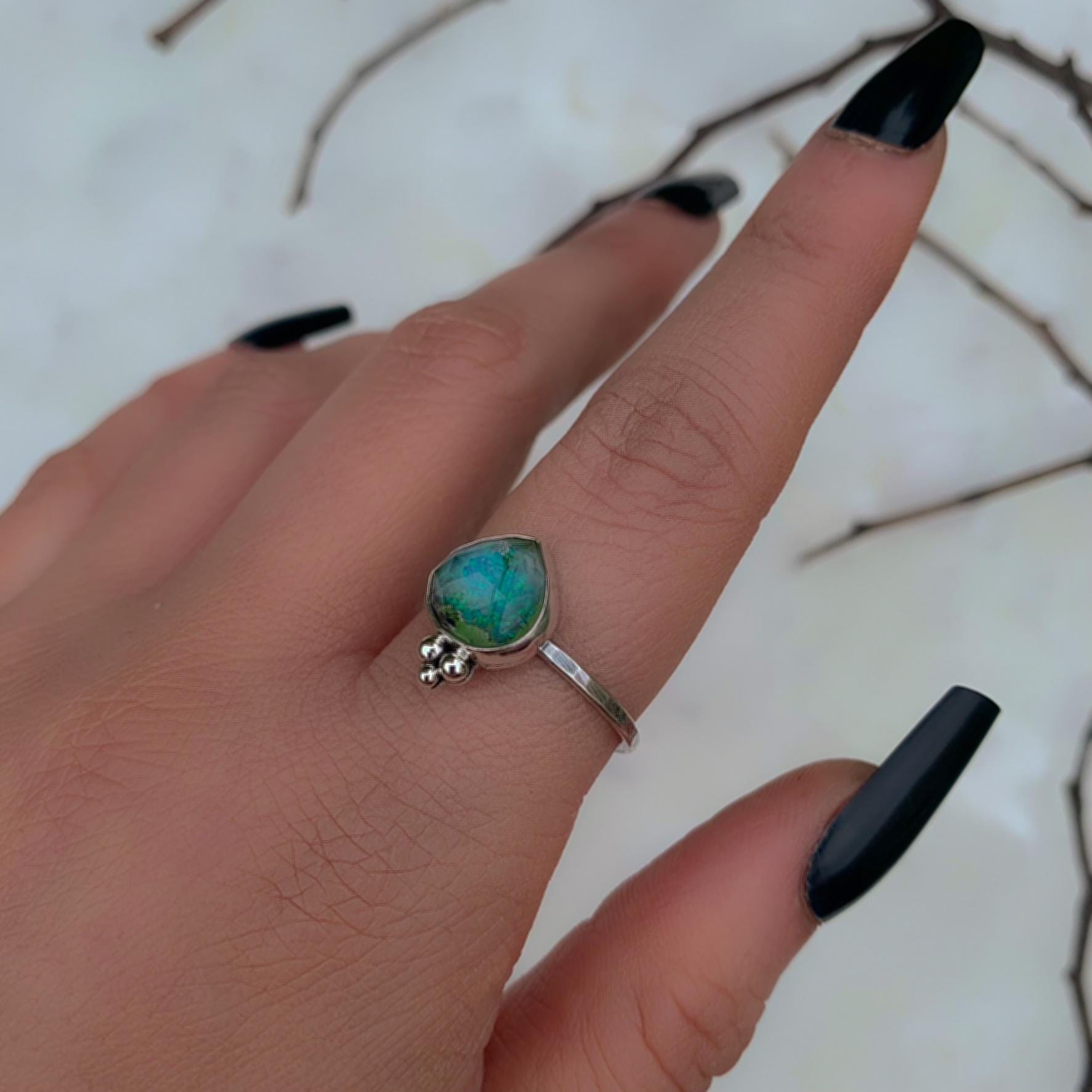 Rose Cut Quartz & Monarch Opal Ring - Size 9 3/4 - Sterling Silver
