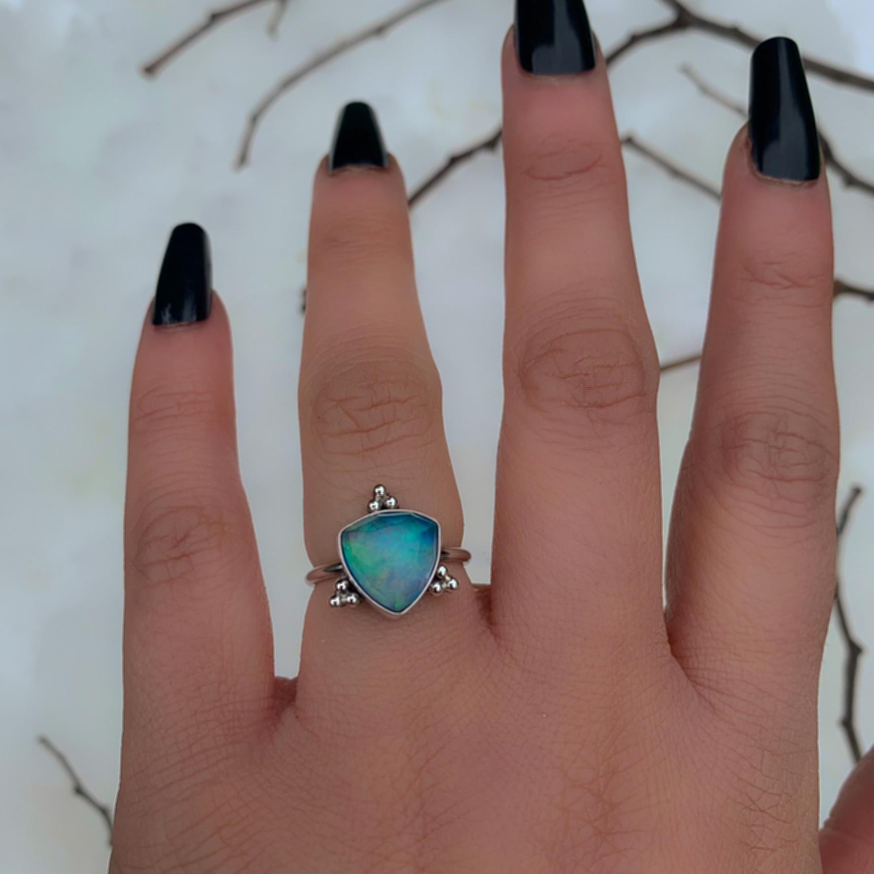 Rose Cut Clear Quartz & Aurora Opal Ring - Size 5 1/2 - Sterling Silver