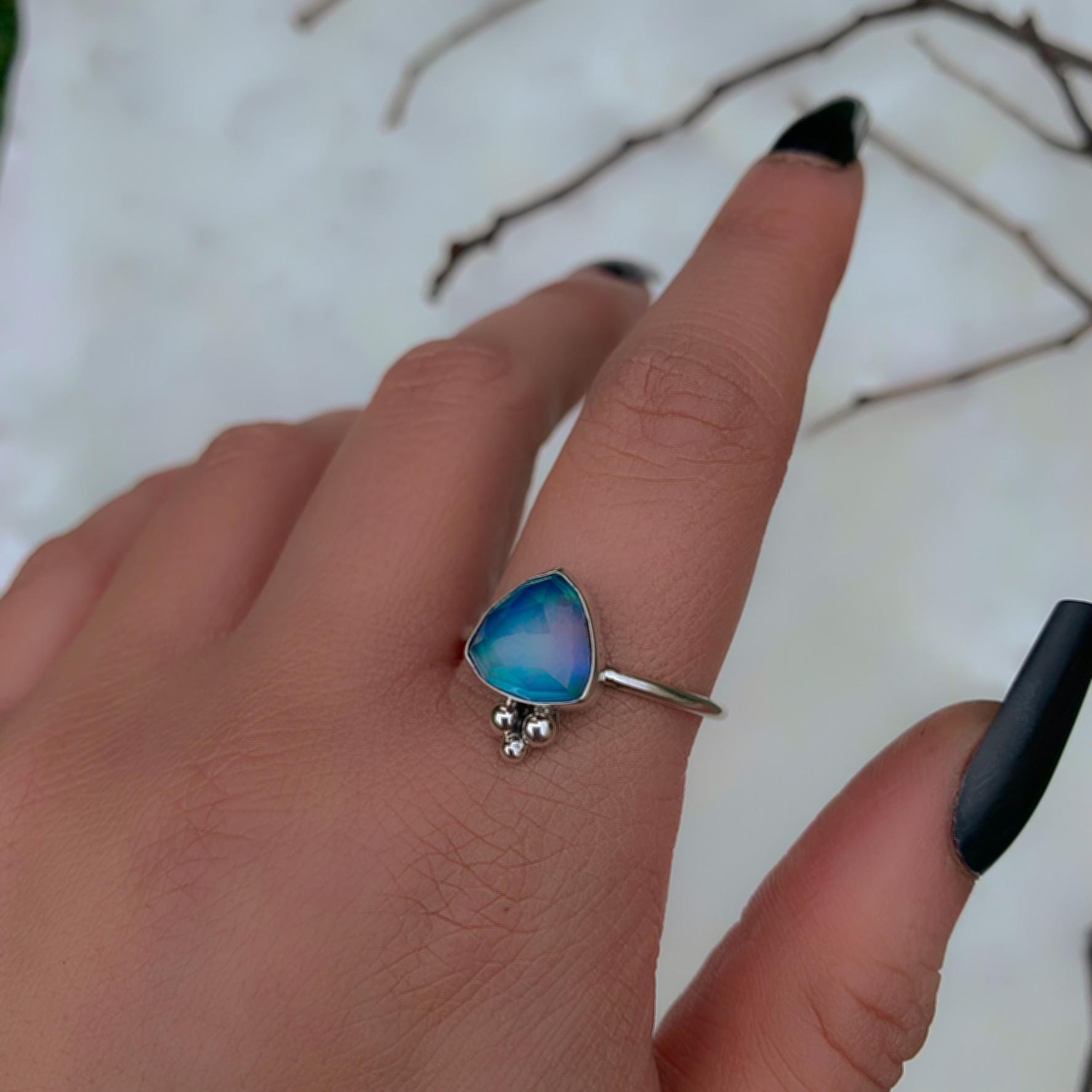 Rose Cut Clear Quartz & Aurora Opal Ring - Size 11 1/4 to 11 1/2 - Sterling Silver