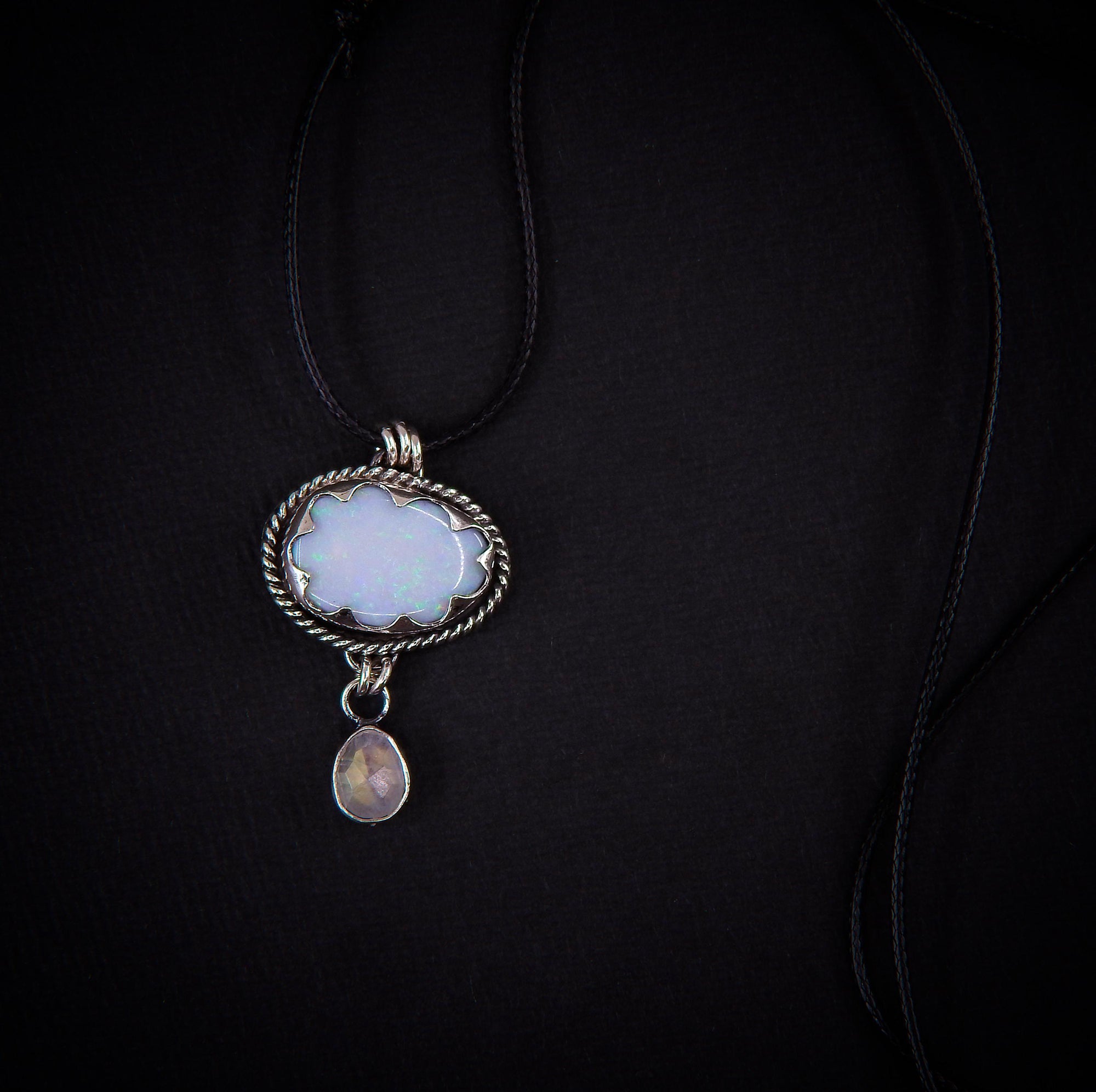 Australian Opal Cloud & Moonstone Snow Pendant - Sterling Silver - Winter Necklace
