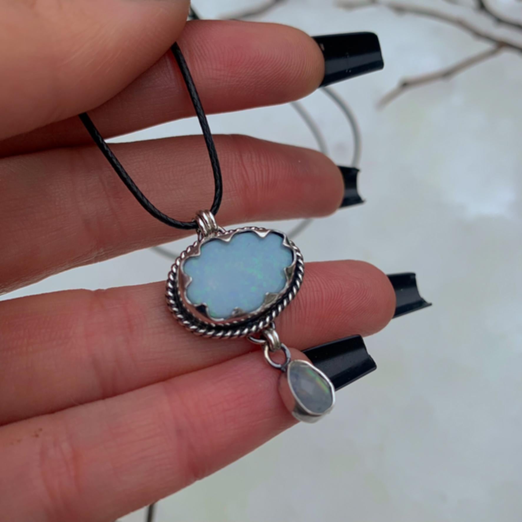 Australian Opal Cloud & Moonstone Snow Pendant - Sterling Silver - Winter Necklace