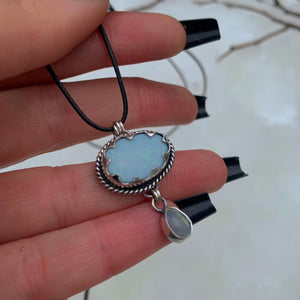 Australian Opal Cloud & Moonstone Snow Pendant - Sterling Silver - Winter Necklace