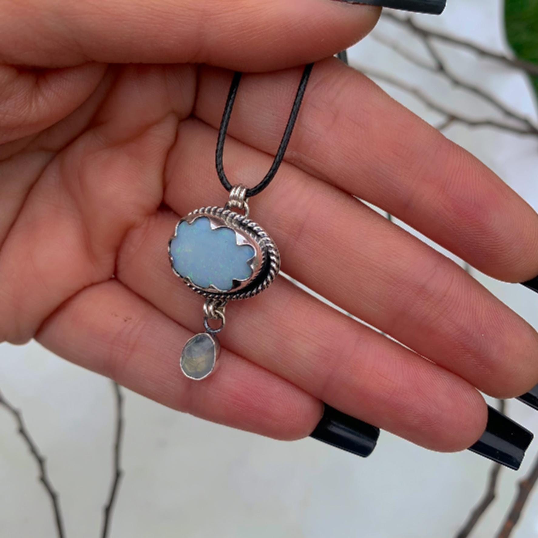 Australian Opal Cloud & Moonstone Snow Pendant - Sterling Silver - Winter Necklace