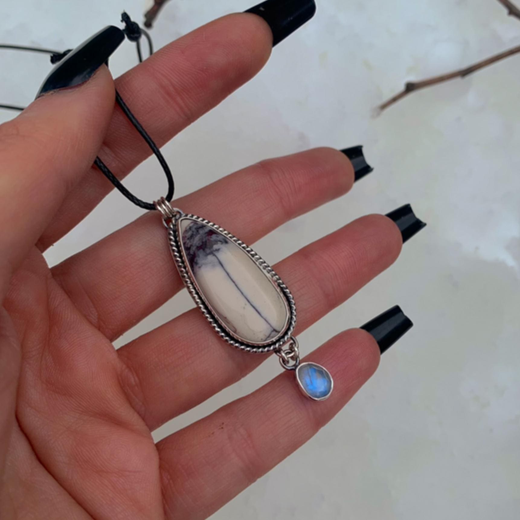 Porcelain Jasper & Moonstone Pendant - Sterling Silver - Winter Necklace