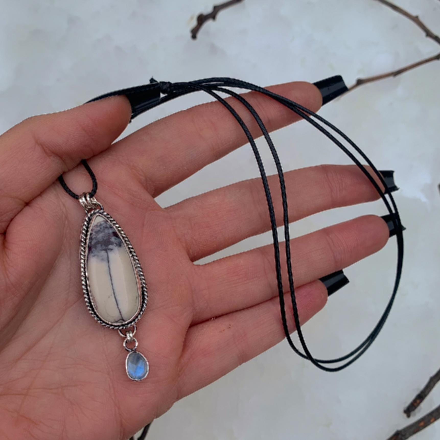 Porcelain Jasper & Moonstone Pendant - Sterling Silver - Winter Necklace