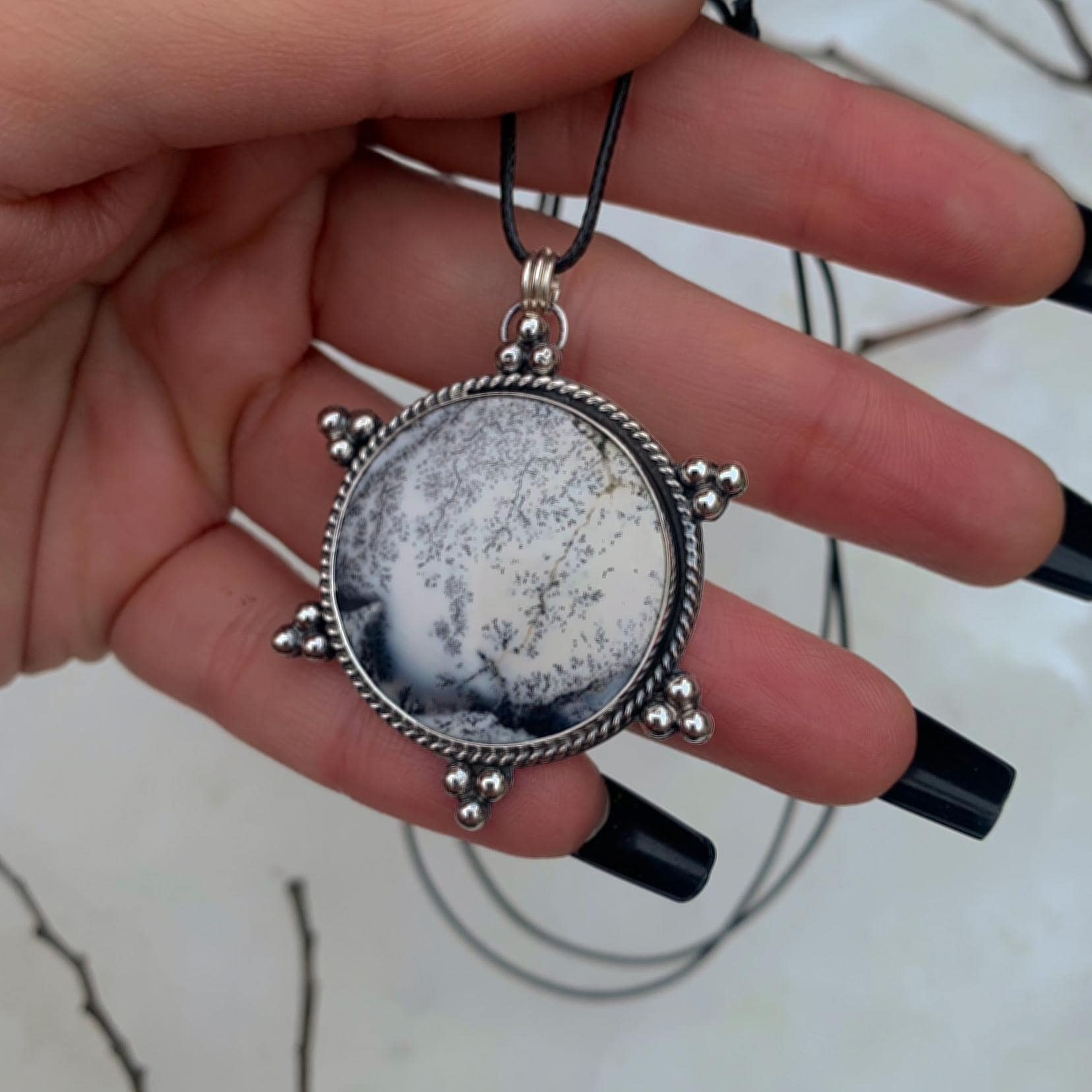 Dendritic Opal Snowflake Pendant - Sterling Silver - Winter Snow Necklace