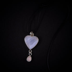 Blue Lace Agate Heart & Moonstone Pendant - Sterling Silver - Winter Necklace