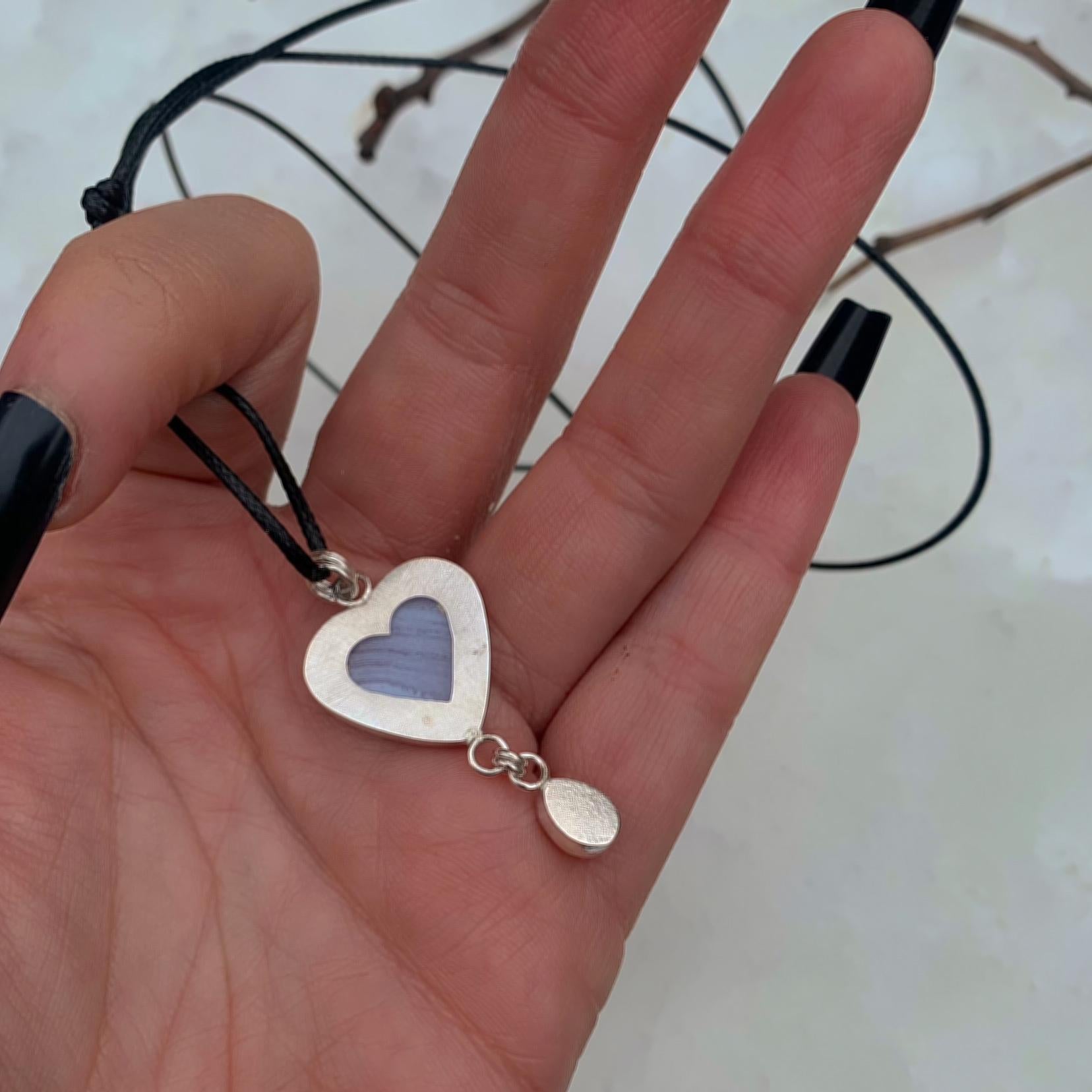 Blue Lace Agate Heart & Moonstone Pendant - Sterling Silver - Winter Necklace
