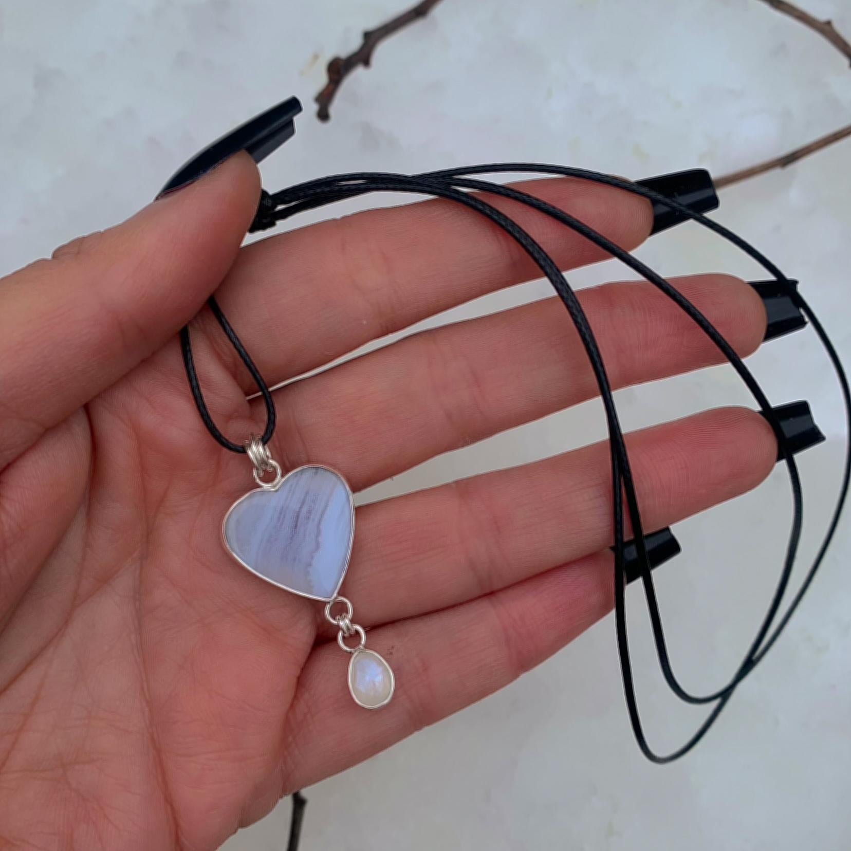 Blue Lace Agate Heart & Moonstone Pendant - Sterling Silver - Winter Necklace