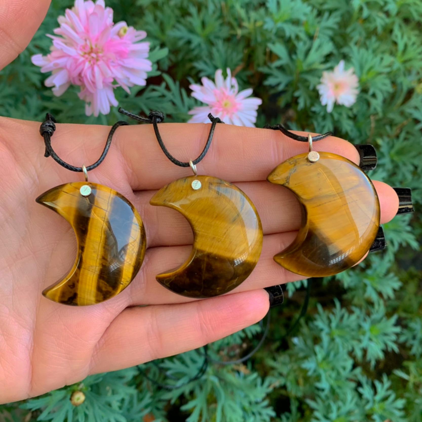 Tiger's Eye Crescent Moon Pendant - Sterling Silver - Made to Order