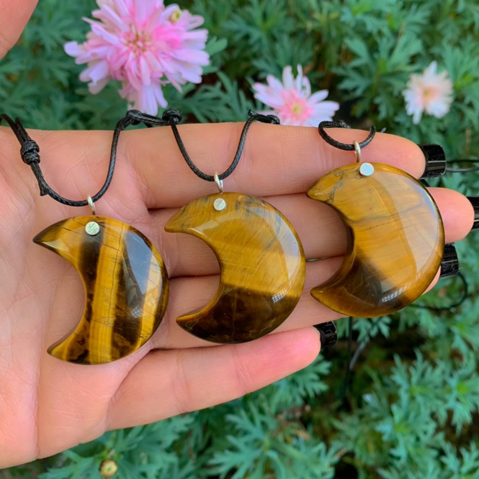 Tiger's Eye Crescent Moon Pendant - Sterling Silver - Made to Order