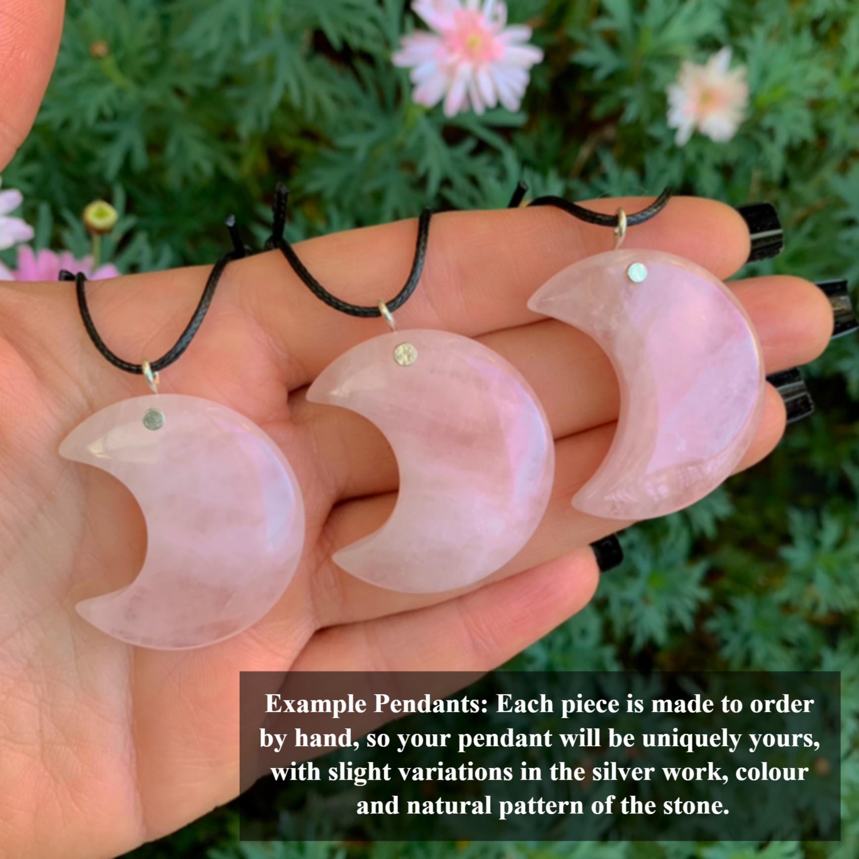 Rose Quartz Crescent Moon Pendant - Sterling Silver - Made to Order