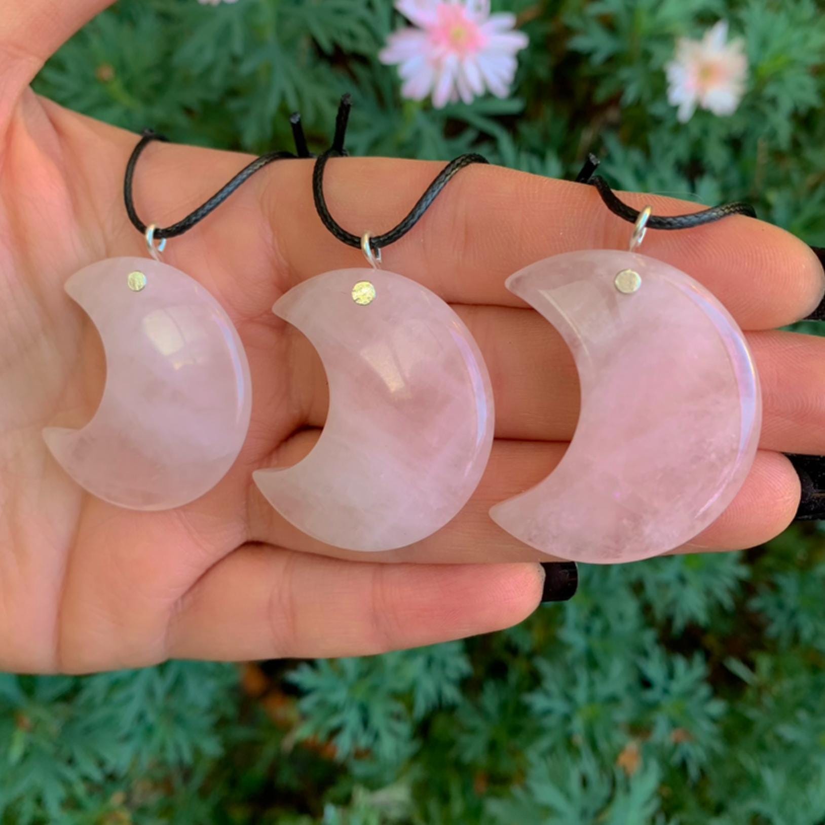 Rose Quartz Crescent Moon Pendant - Sterling Silver - Made to Order