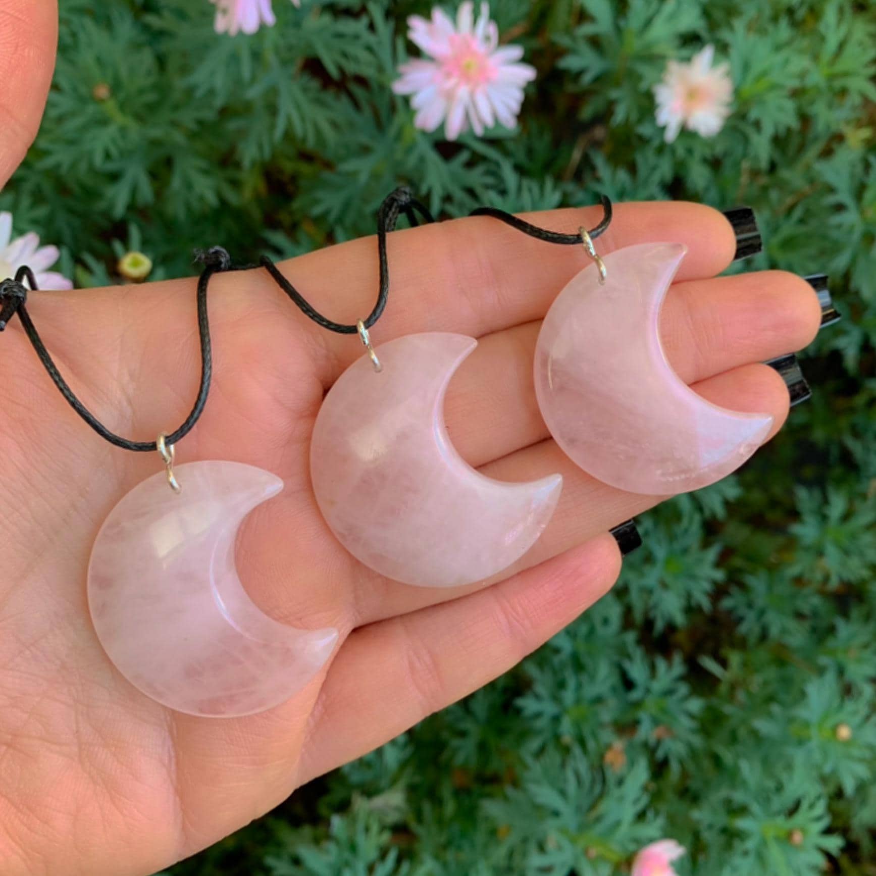 Rose Quartz Crescent Moon Pendant - Sterling Silver - Made to Order