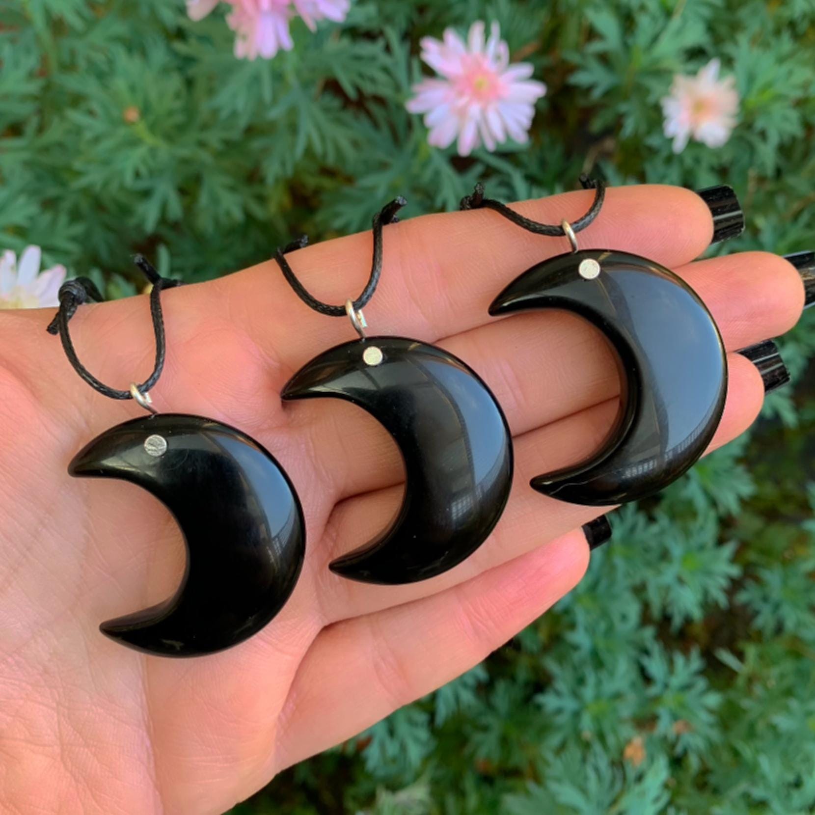 Black Onyx Crescent Moon Pendant - Sterling Silver - Made to Order
