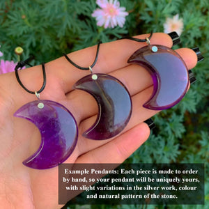 Amethyst Crescent Moon Pendant - Sterling Silver - Made to Order