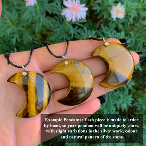 Tiger's Eye Crescent Moon Pendant - Sterling Silver - Made to Order