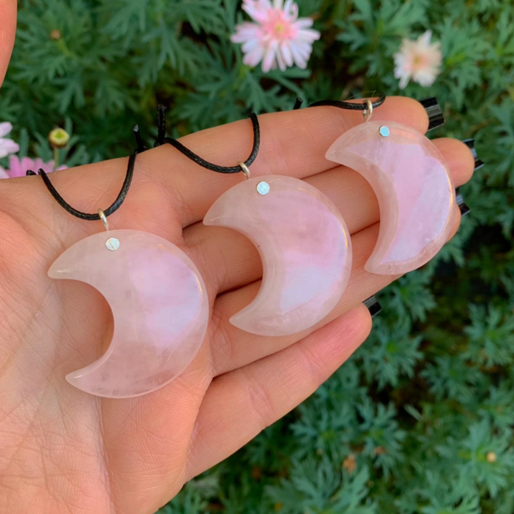 Rose Quartz Crescent Moon Pendant - Sterling Silver - Made to Order