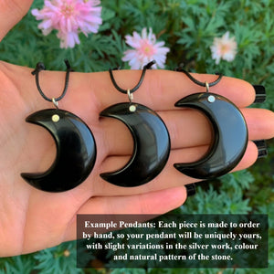 Black Onyx Crescent Moon Pendant - Sterling Silver - Made to Order