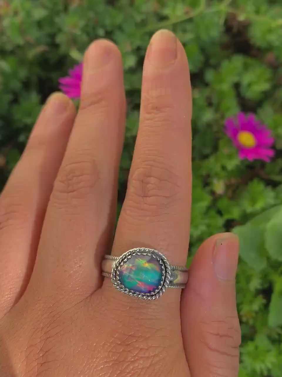 Rose Cut Clear Quartz & Aurora Opal Ring - Size 11 3/4