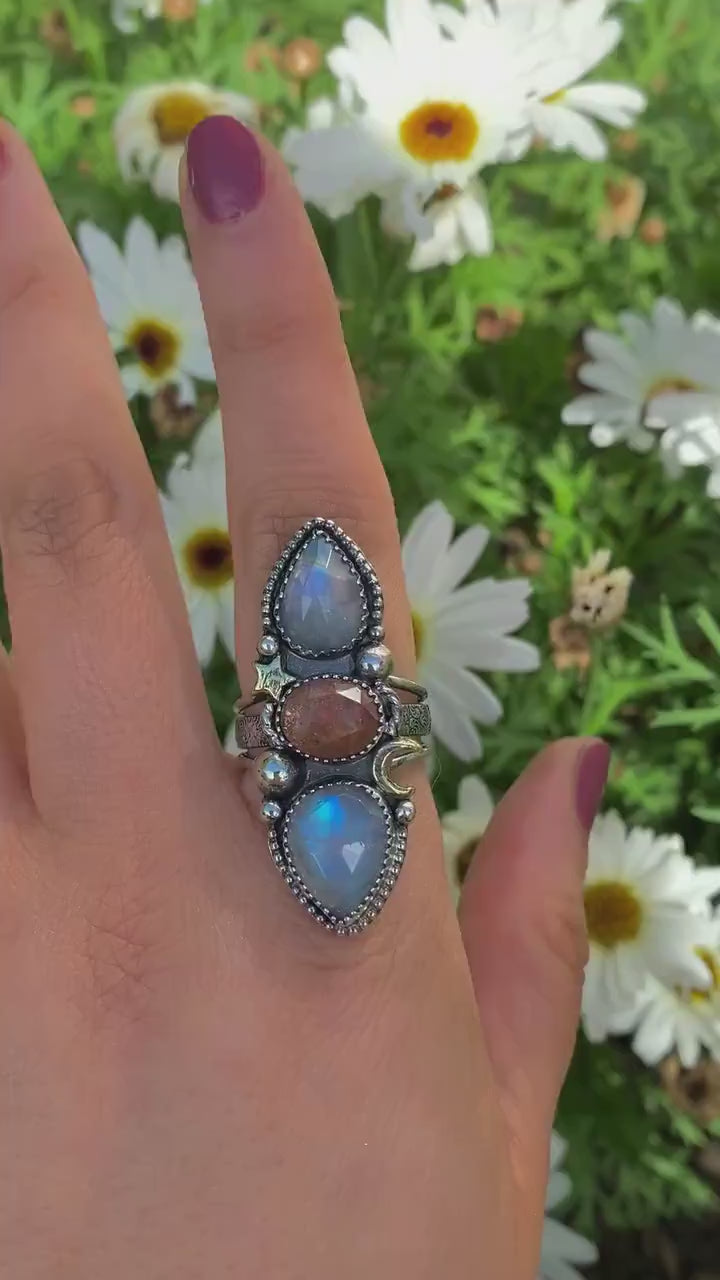 Sunstone & Moonstone Ring - Size 9 to 9 1/4