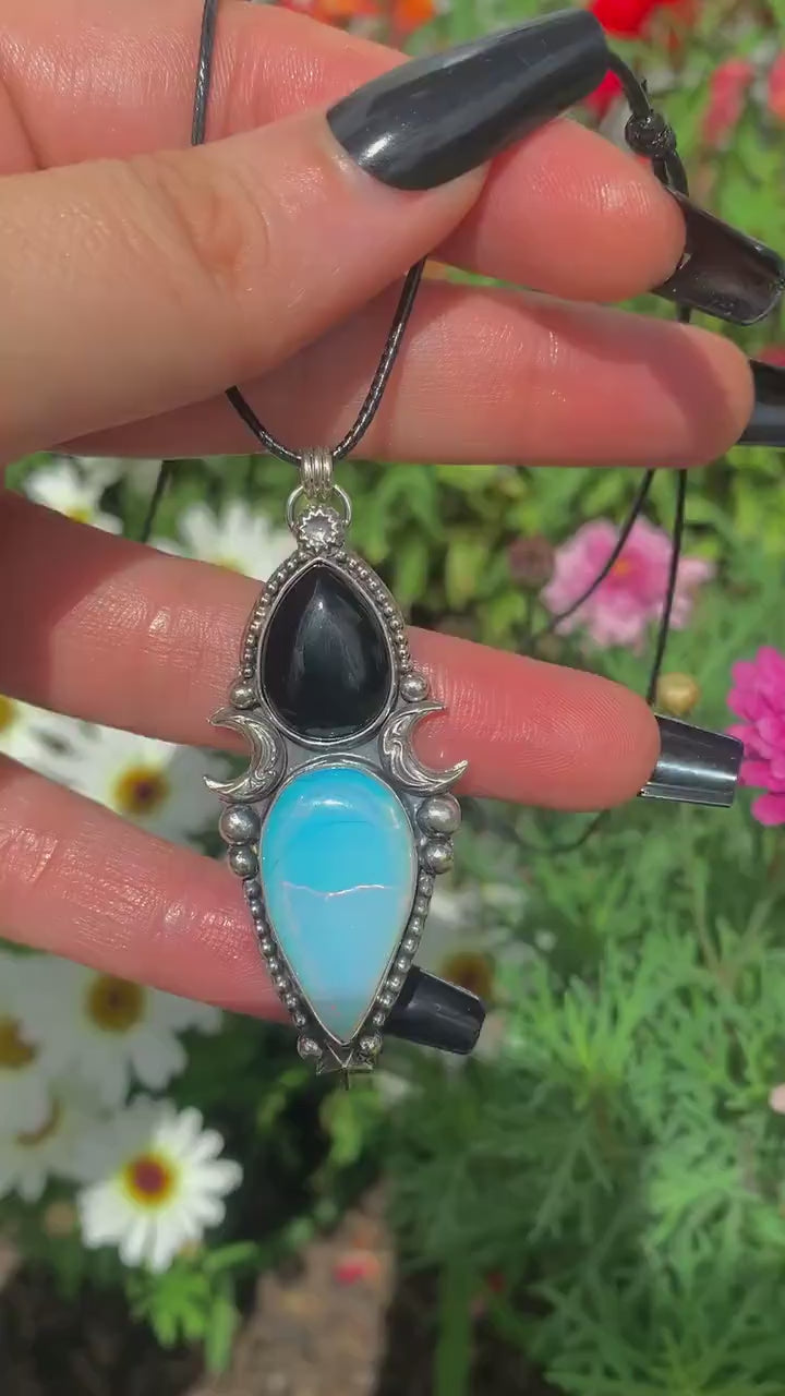 Black Onyx & Opalite Pendant - Sterling Silver