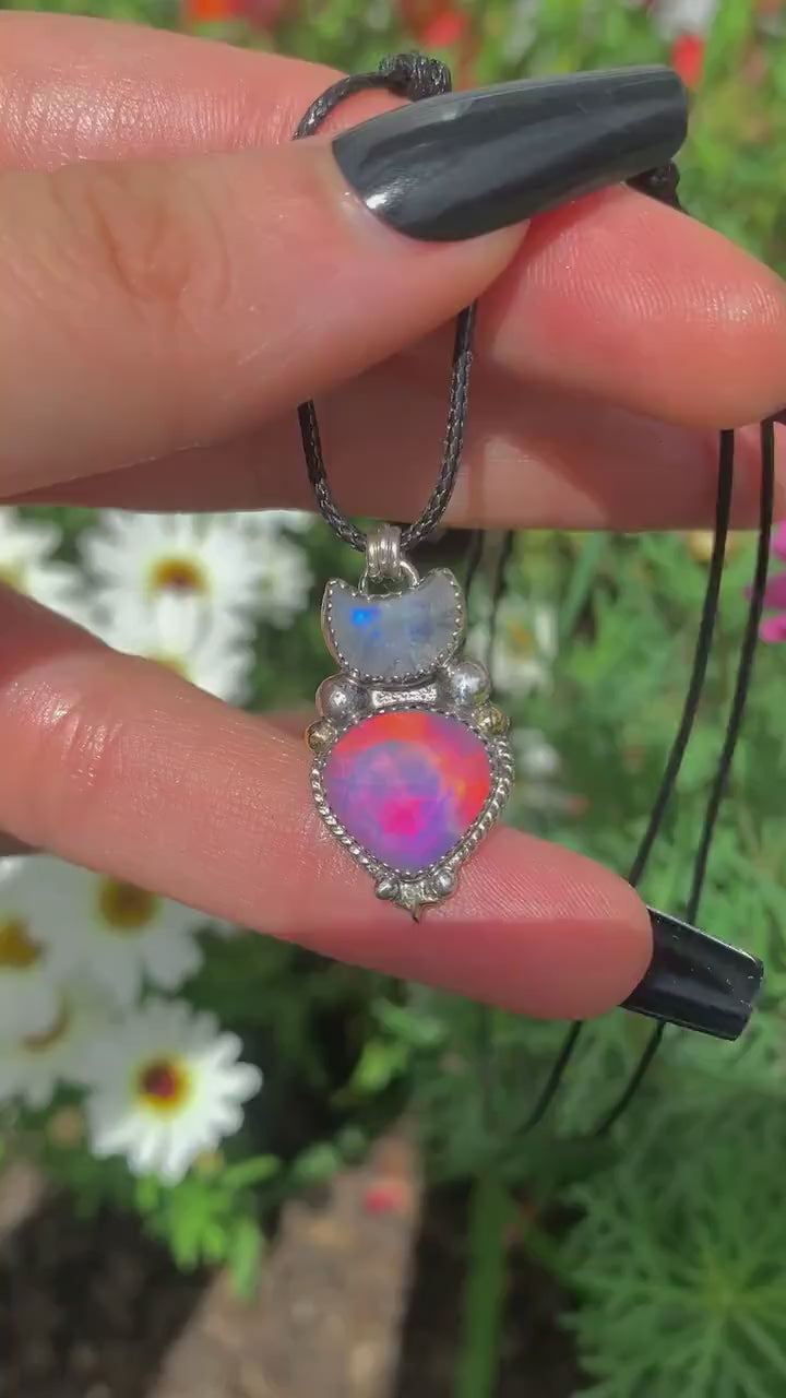 Moonstone & Rose Cut Clear Quartz with Aurora Opal Pendant - Sterling Silver