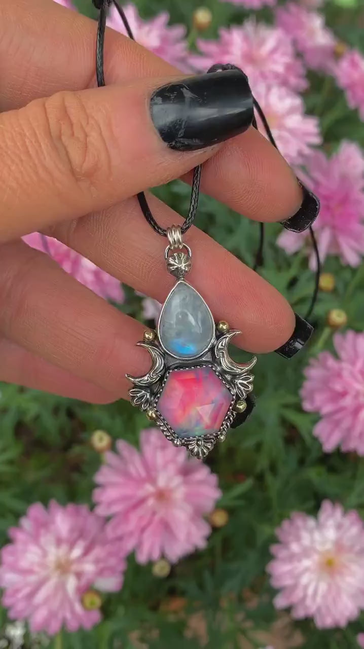 Moonstone & Rose Cut Clear Quartz with Aurora Opal Pendant - Sterling Silver